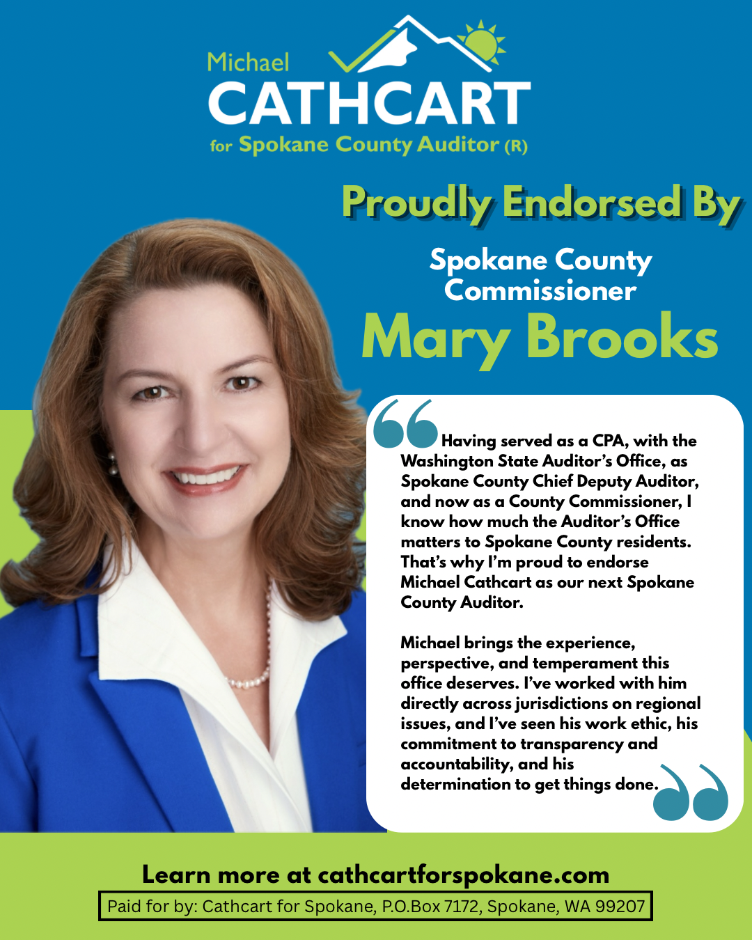 Mary Brooks endorsement of Michael Cathcart for Spokane County Auditor